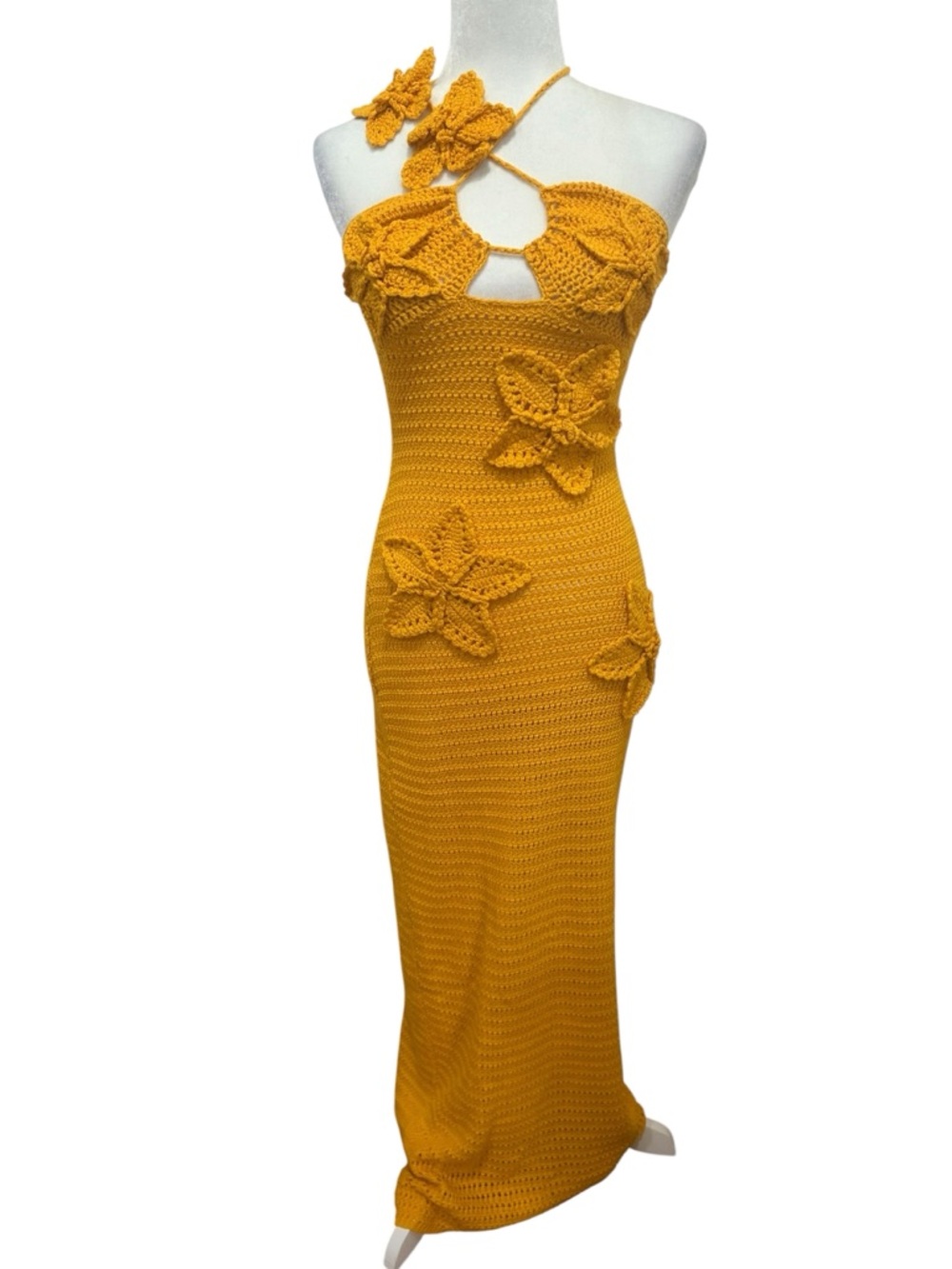Meshki Kyla Crochet orange Halter Maxi Dress Sz small Floral Applique boho - Picture 3 of 13